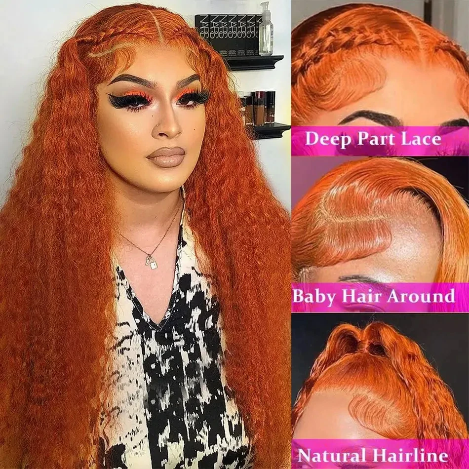 Perruque Lace Front Wig Deep Wave naturelle bouclée, cheveux humains, 13x4, 13x6, couleur HD, vidéo orange