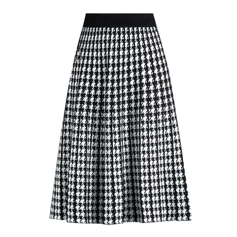 Autumn Winter Pleated Skirt High Waist All-match Houndstooth Knitting Skirts Ladies Office Lady Elegant Women's A-line Skirt