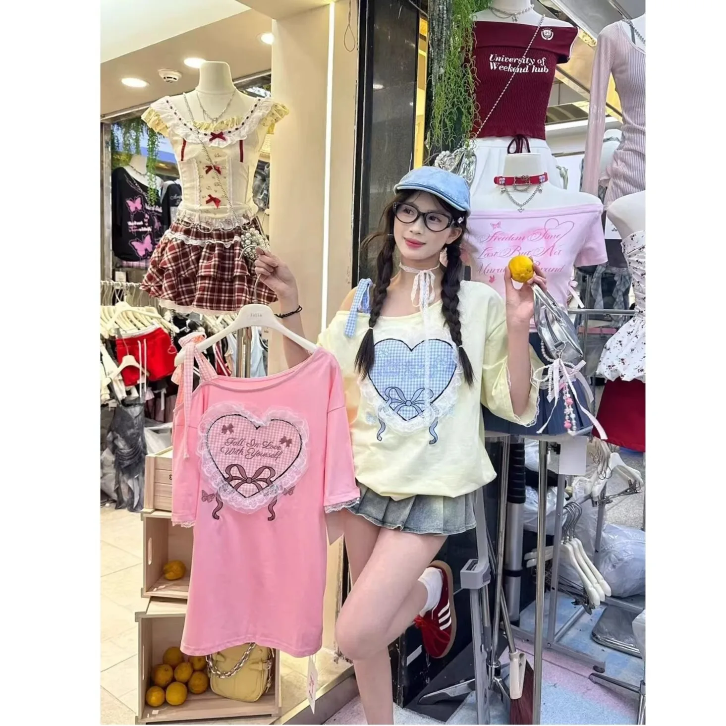 Summer 2025 Dongda Gate Sweet Loose Lace Heart Patch Embroidery Shoulder Bared T Shirt Women's Cotton 100% Short Sleeve mid L...