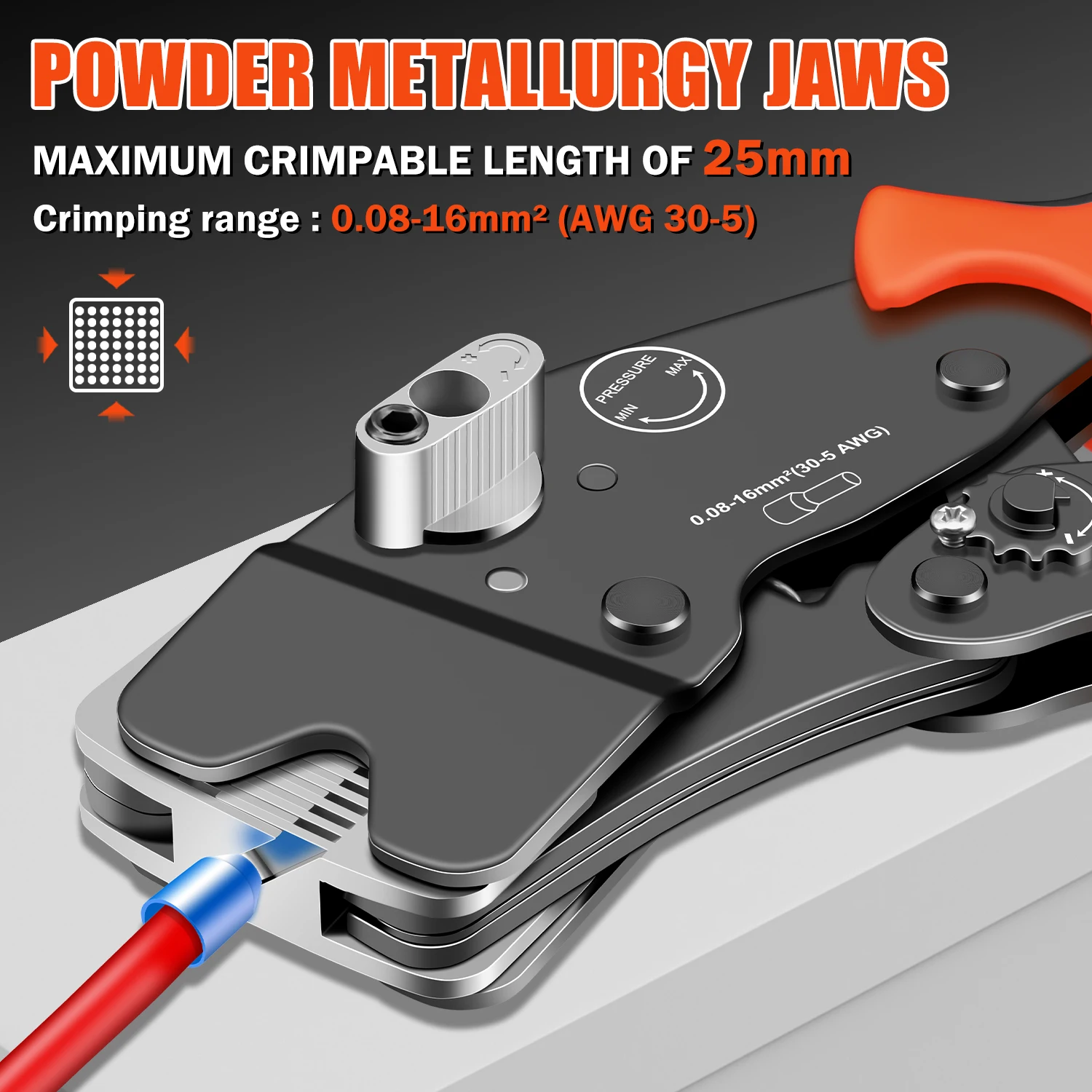 SJ-305C Kabelendhülsen-Crimpzange für Rohrformklemmen 0,08-16mm²/30-5AWG, Crimpzange mit Einstellknopf zur Steuerung der elektrischen Klemmung – Detail 2