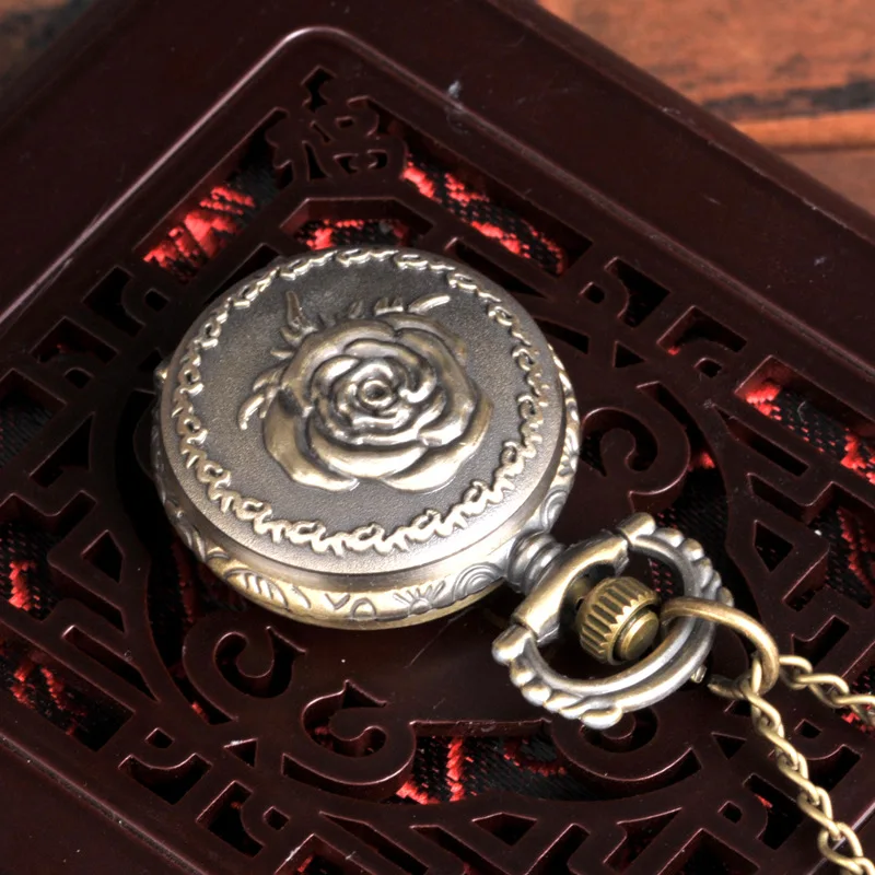 Vintage Rose Dial Quartz Pocket Watch for Men Women Flower Engraved Case Fob Chain Pendant Necklace Clock for Collection Gift