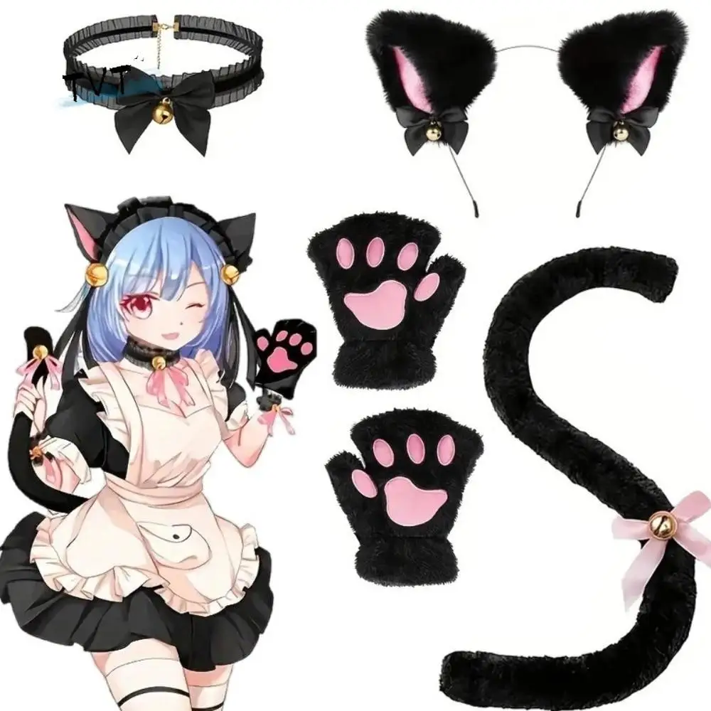 

Cute Cat Woman Cat Ears Headband Set Lolita Jk Cosplay Headwear Plush Cat Paw Gloves Halloween Dress Up Makeup