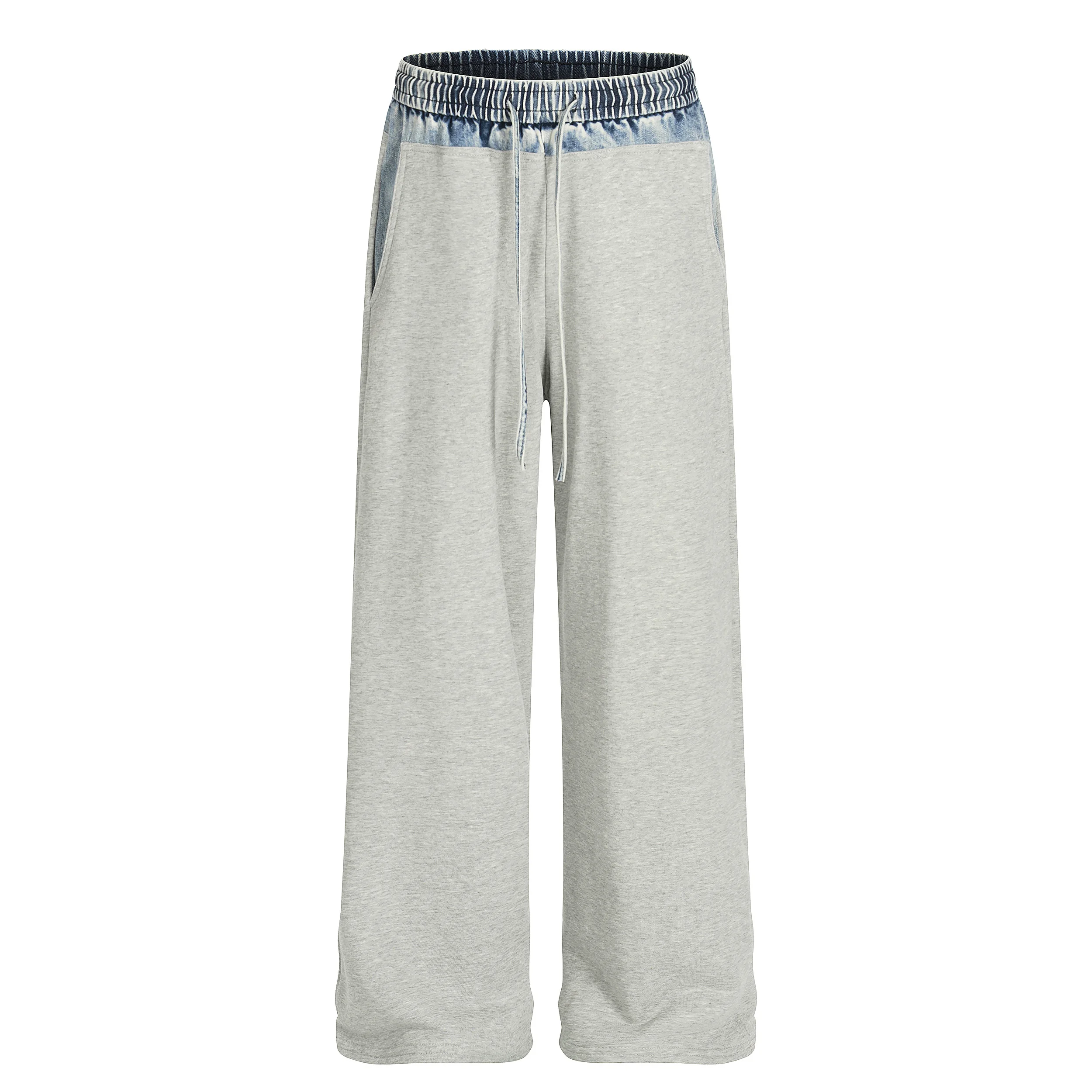 

C953#Retro Patchwork Color Block Drawstring Straight Leg Trousers Unisex Loose Casual Sports Sweatpants