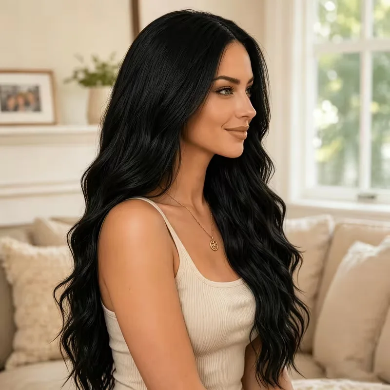 Women's black middle-parted long wavy curly wig with realistic hair strands, high crown, voluminous waves, and breathable inner