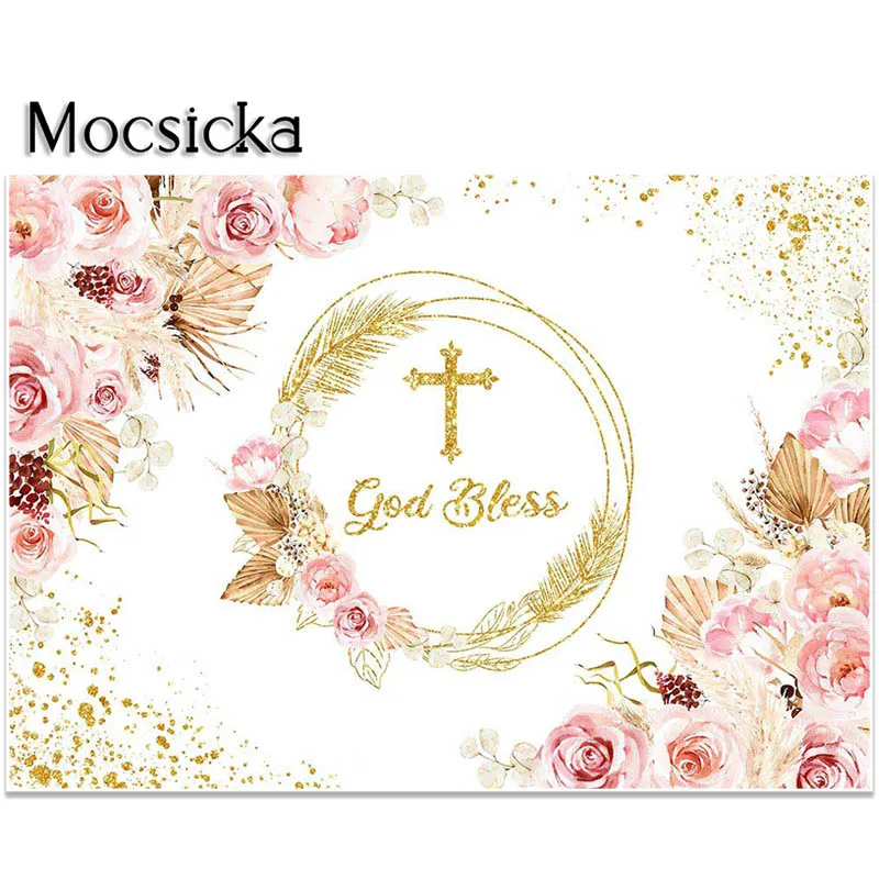 Mocsicka Dios bendiga telón de fondo primer bautismo decoraciones rosas doradas bautizo Baby Shower fondo sesión de fotos pancartas de fiesta