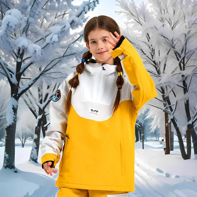 2025 New Winter Solid Girl Windproof Waterproof Skiing Jacket Hooded Pullover Children Ski Coat Polyester Outdoor Sport Kid Coat