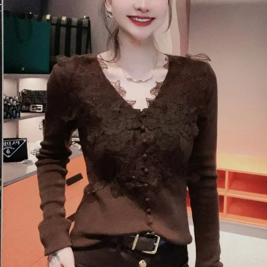 Autumn Women\'s Fashion Patchwork Lace V-neck Long Sleeved Solid Color Knitted Sweater Winter Slim Fit Comfortable Bottom Top L15