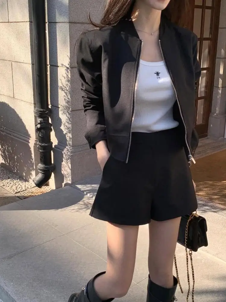 

Autumn Korean Women Black Long Sleeves Short Zipper Jacket Tops And High Waist Shorts Holiday Two Piece Sets Fashion Simplicity