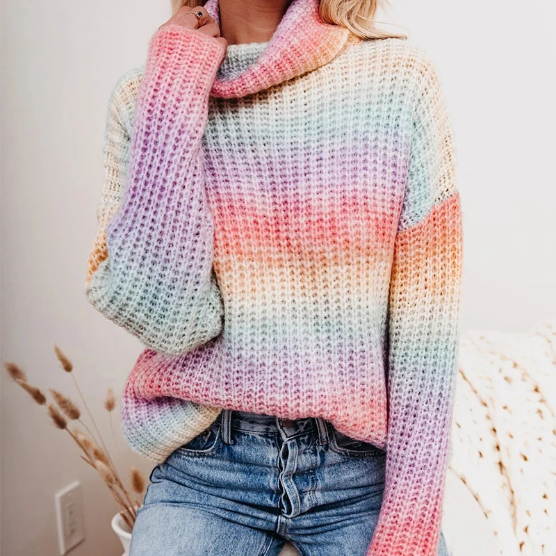 Sweater Turtleneck Rainbow Striped Europe and America Loose Sweaters Knitted Pullover Long Sleeve Sweater Sweet Fall Winter Tops