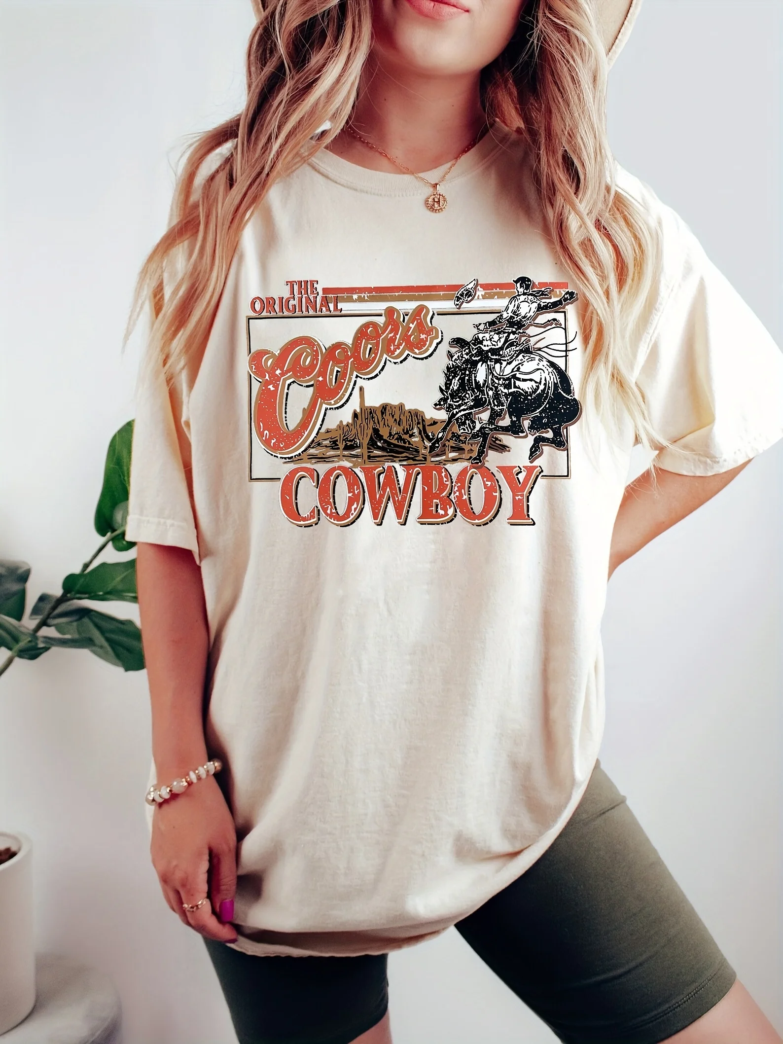 305Cowboy Print Crew Neck T-shirt, Casual Short Sleeve Top, Women\'s Clothing
