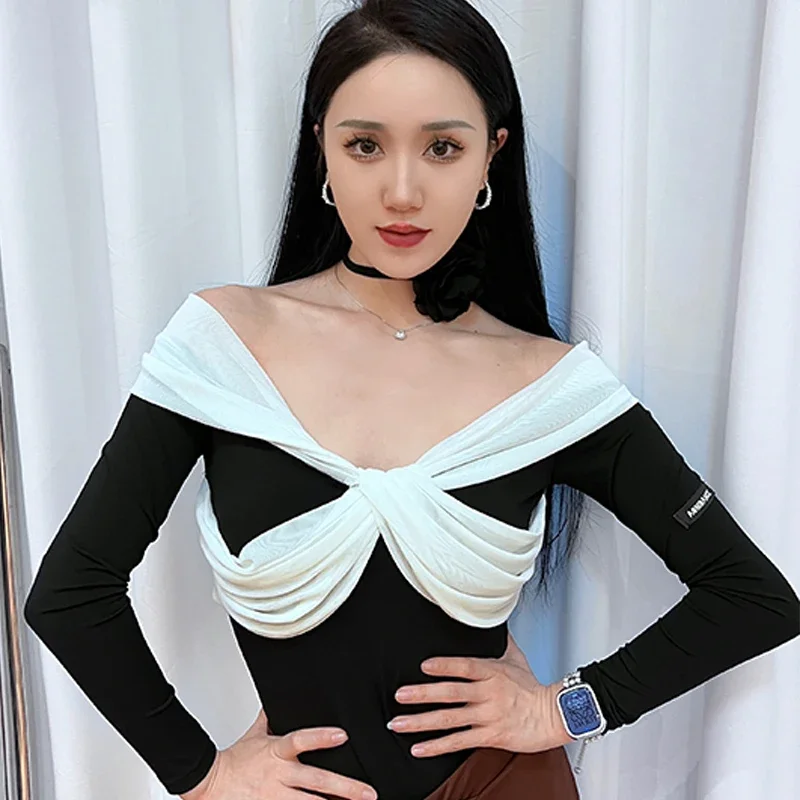 

Latin Dance Tops Women Long Sleeves Off Shoulder Sexy Black Leotards Adult Ballroom Dance Clothes Rumba Practice Wear DNV18651