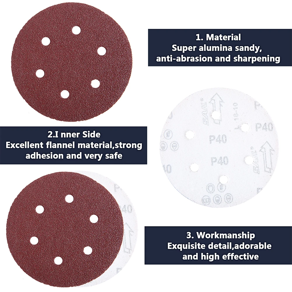 100 Pcs 6In 150mm Round Sandpaper Set Six Hole Disk Sand Sheets Grit 40-800 Sanding Discs Hook Loop Sanding Paper Buffing Sheet