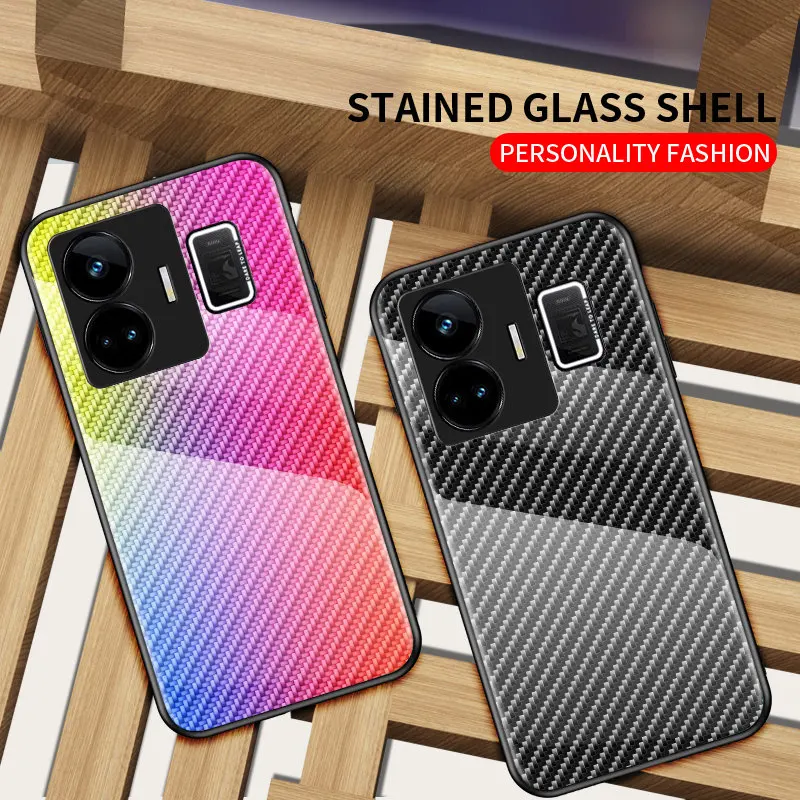 Realme GT Neo 5 RMX3706 Case Carbon Fiber Tempered Glass Hard Back Cover Phone Case Silicone Bumper for Realme GT Neo 5 RMX3706