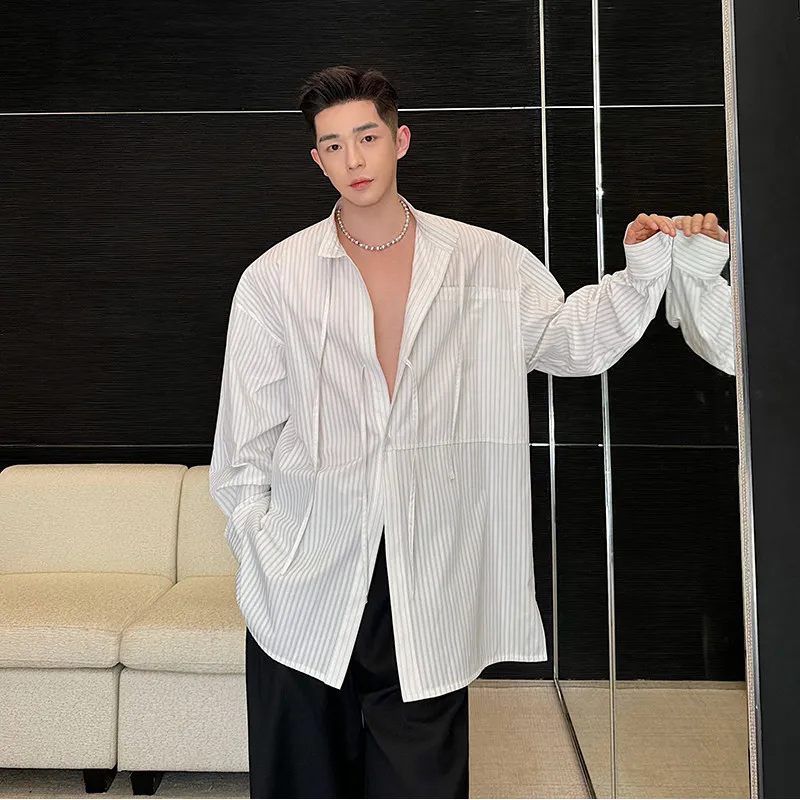 

Men's Long Sleeve Striped Shirt with Sash Stand Collar Loose Fit Youthful Style Four Season Versatile Design Sensation Shirt