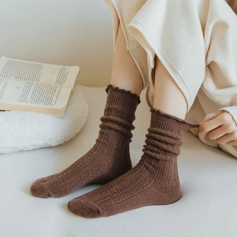 Autumn Winter Thick Warm Women Socks Wool Cashmere Thermal Long Socks Women Casual Solid Color Japanese Kawaii Cute Ruffle Socks