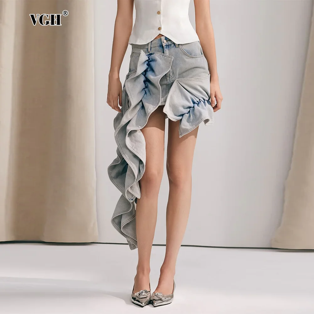 

VGH Solid Patchwork Ruffles Denim Skirt For Women High Waist Spliced Pockets Slimming Irregular Hem Skirts Female Fashion New