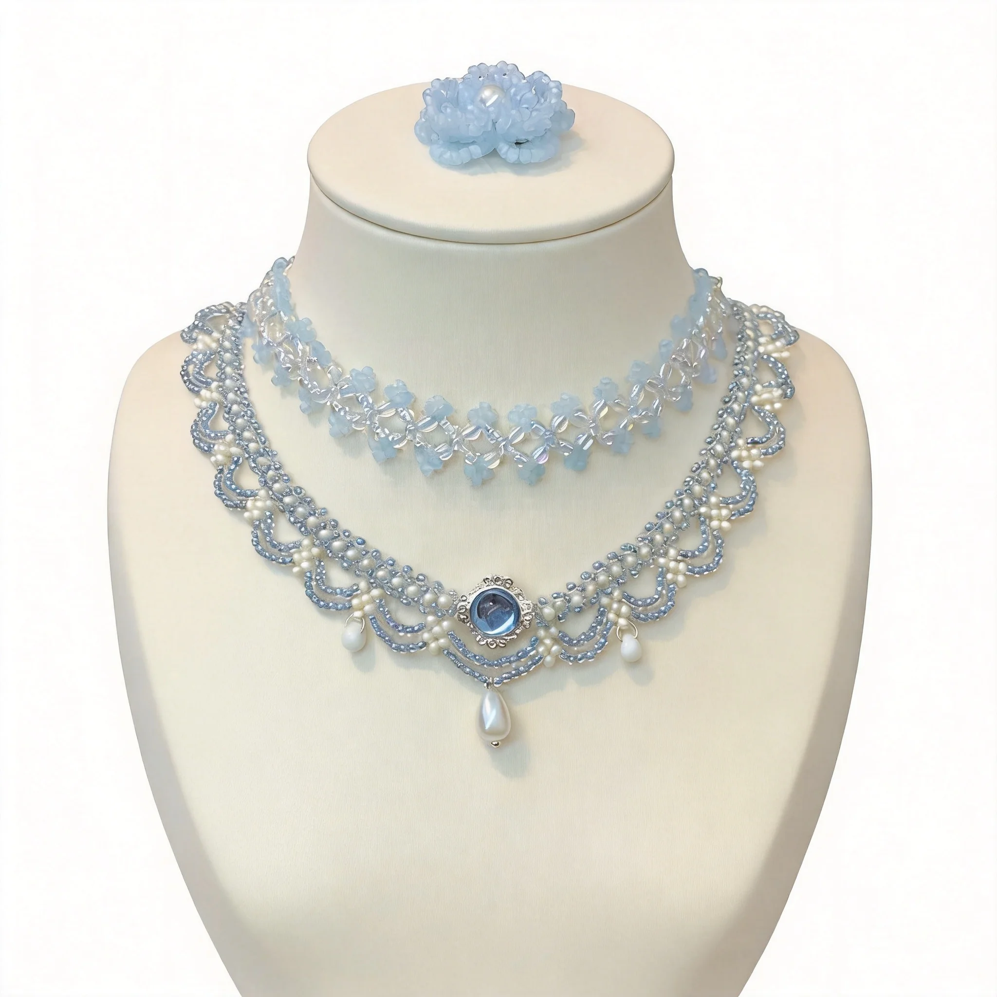 

Chinese Style Lucky Auspicious Blue Multi Layer Beaded Woven Choker Necklace Women Faux Pearl Pendant Elegant Clavicle Chain Jew