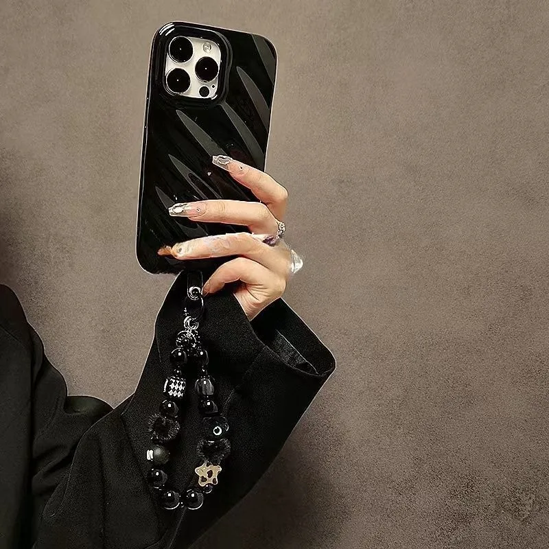 Niche Luxury Black Fluffy Cat Mobile Phone Strap with Beaded Handle Chain Wrist Anti-Theft Clip Bag Accessory