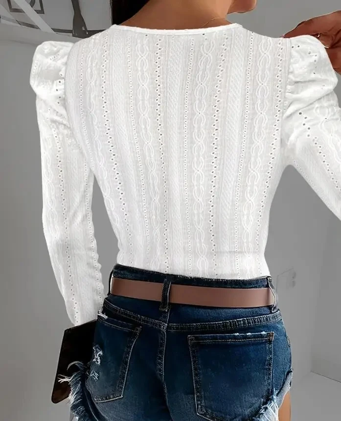 

Temperament Commuting Female Fashion Tee Jacquard Square Neck Puff Sleeve Eyelet Embroidery T-Shirt Women's Slim Top