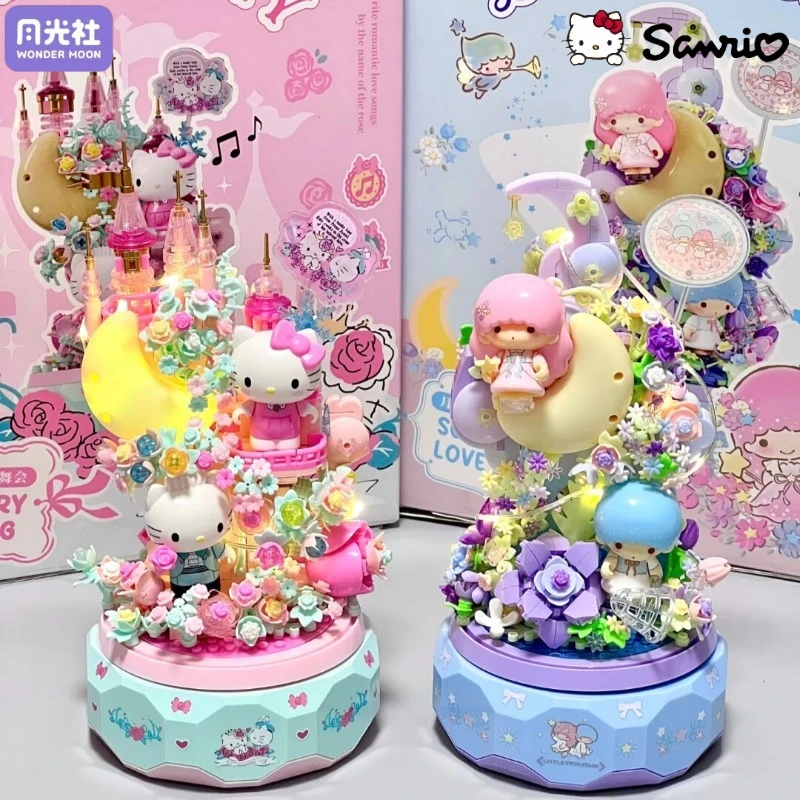 Sanrio Hello Kitty Rose Garden Light-up Rotating Music Box Twin Stars Assembled Building Block Toy Model Desktop Decoration Gift
