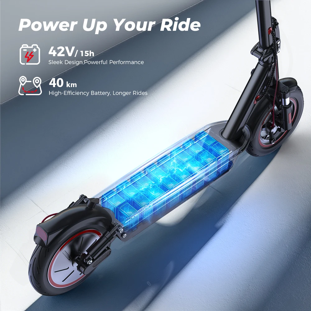 IScooter I10-9: patinete eléctrico plegable para adultos, con neumáticos de 10 pulgadas, doble sistema de absorción de impactos, velocidad de 25 km/h, autonomía de 45 km, control mediante la aplicación IScooter Club y