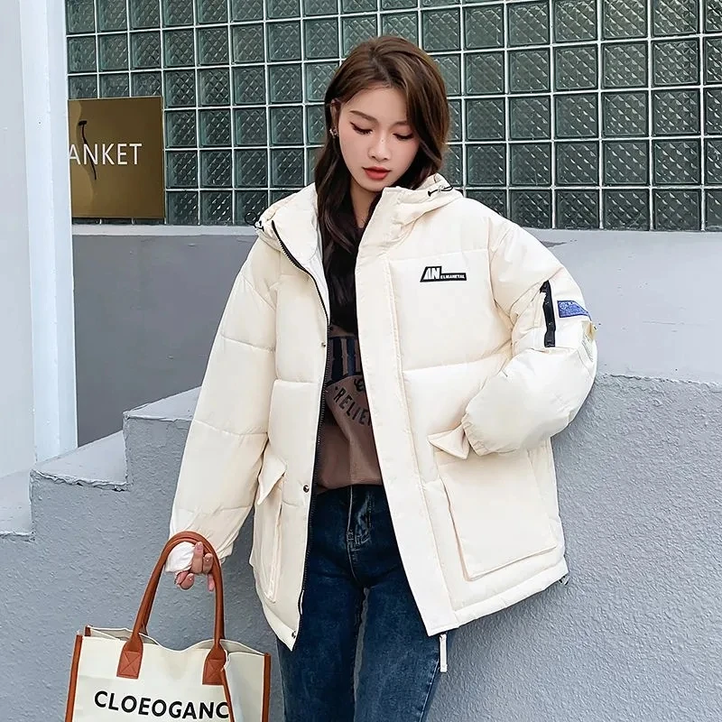 New Winter Down Cotton Jacket Women Zipper Loose Padded Hooded Coat Lady Student Windproof Warm Puffer Parkas Outwear Snow Wear