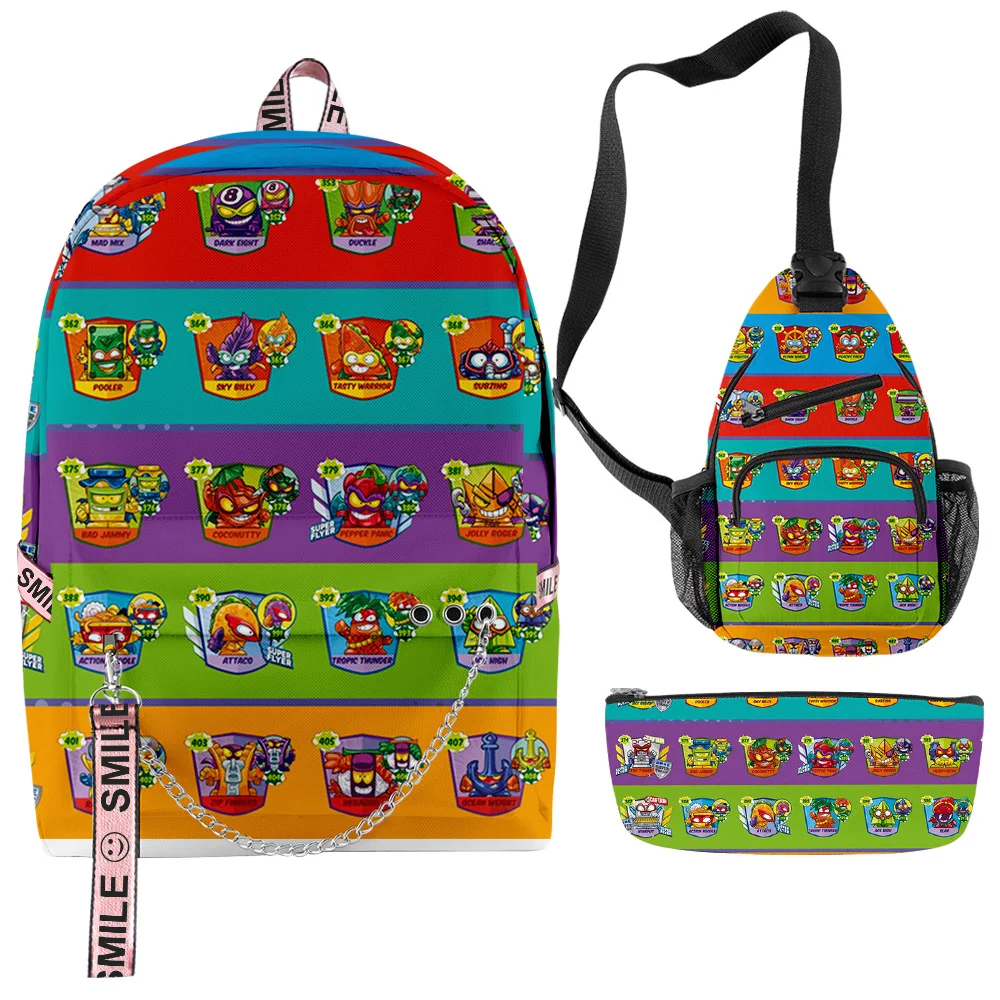 Hip Hop Popular Funny Superzings 3D Print 3pcs/Set School Bags multifunction Travel Backpack Chest Bag Pencil Case