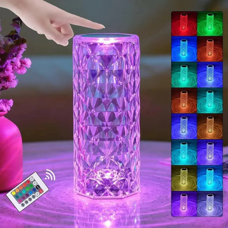 3/16 Colour LED Crystal Table Lamp Rechargeable Touch Rose Romantic Night Lamp Bedroom Bedside Lamp Living Room Bar Decoration