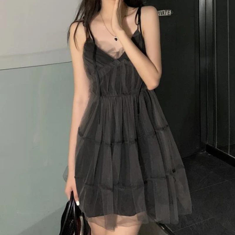 HOUZHOU gaun wanita Gotik seksi Mini leher-v gaun pendek tanpa lengan hitam gaun jala Hotsweet Vintage gaun pesta musim panas satu potong