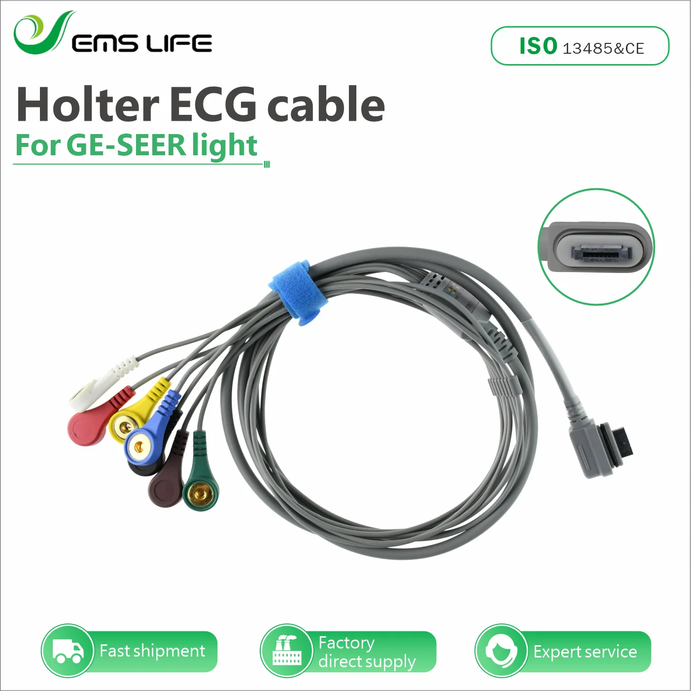Cables Holter ECGEHG emslife No.3704 de 3, 5, 7 y 10 derivaciones para GE SEER 12 SEER LIGHT Tipo Snap