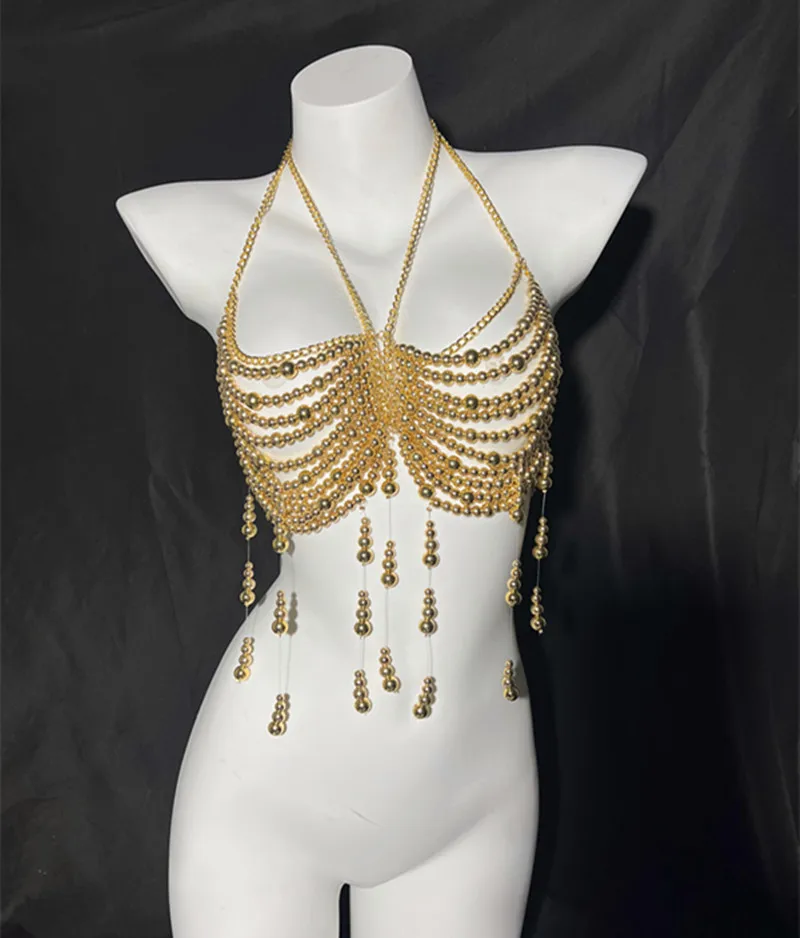 

New Handmade Pearl Beaded Bra Chain Tassel Backless Bodysuit Top Body Chain Beaded Bra Chain Tassel Chest