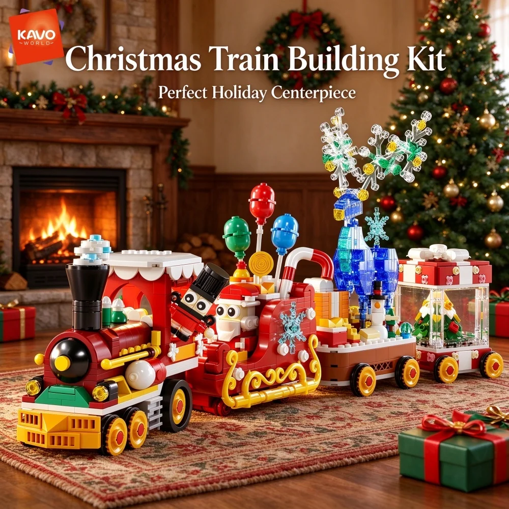 KAVOWORLD 1461pcs Christmas Train Building Blocks Set With LED Light Up Holiday Train Toy With Santa Claus Nutcracker Elf Ice Reindeer Snowman Tree DIY Interlocking Assembly Bricks Kit Festive Home Decor Tabletop Centerpiece Winter Xmas New Year Gift