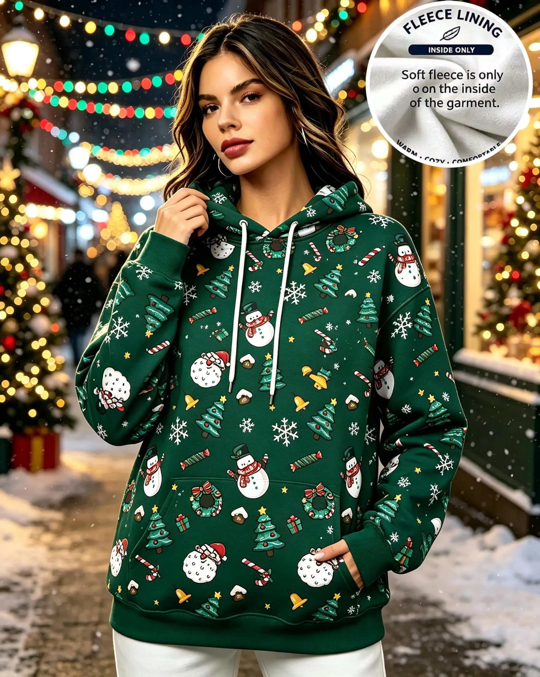Women Christmas Allover Snowman Xmas Tree Wreath Candy Cane Fleece Hoodie Navy Blue Pocket Sweatshirt