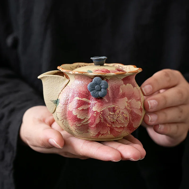 

Red teapot ceramic old retro style peony household high-end single-person hand-held pot small tea maker