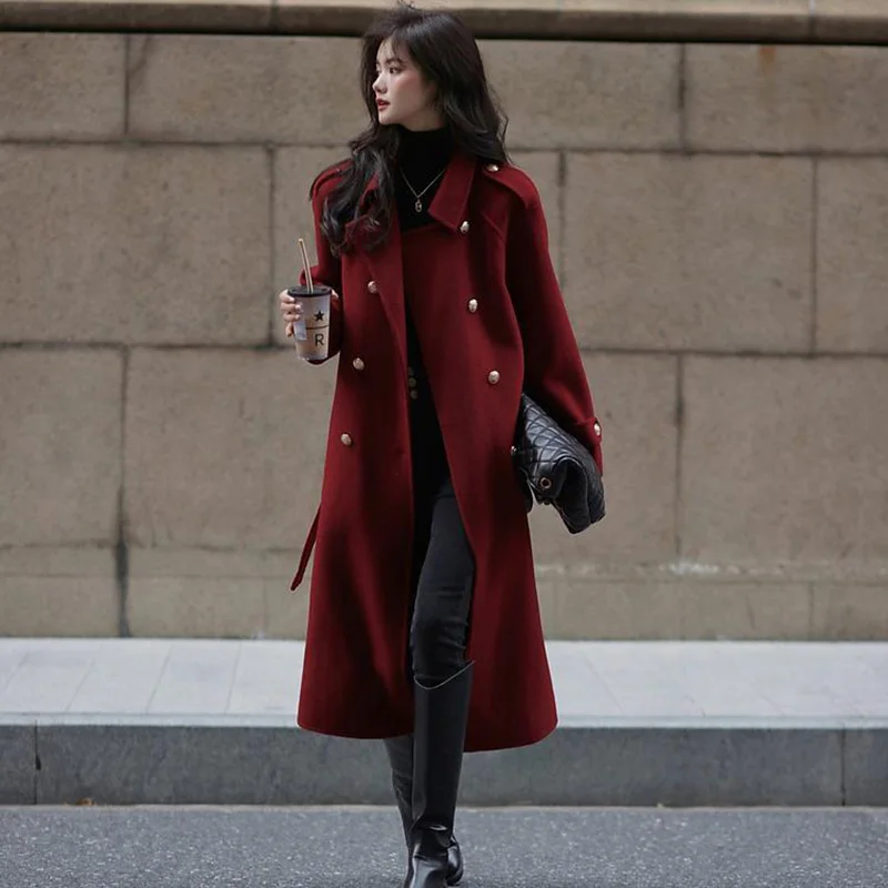 

Hepburn style woolen coat for women 2024 new spring and autumn small fragrance long wine red coat with the same style and