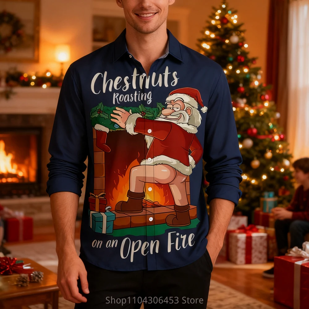 2025 Men's Christmas New Year Cartoon Funny Santa Claus Festive 3D Printing Lining Holiday Party Autumn and Winter New Gift Top