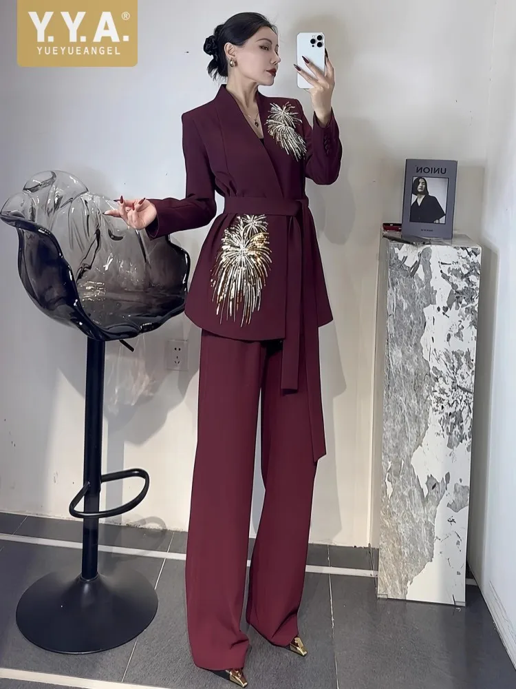 2025 Luxury Womens Shiny Sequins Beads Suits Sashes Blazer Floor Length Wide Leg Pants Work Ladies Two Piece Set Matching Sets