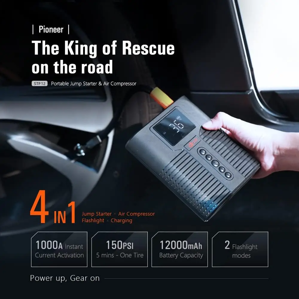 Compressor de ar portátil STP12 1200A com partida de salto, 12000mAh, inflador digital de 150 PSI, banco de potência para motores de gás 8L/5L