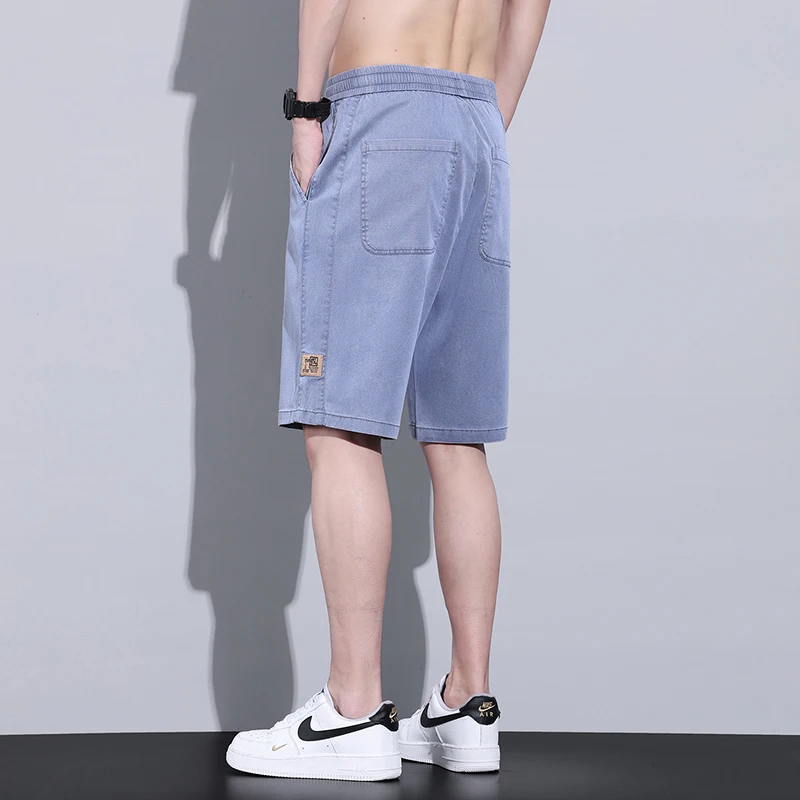 Summer Soft Cosy Lyocell Fabric Men\'s Denim Shorts Thin Loose Pants Drawstring Elastic Waist Korea Casual Short Plus Size M-5XL