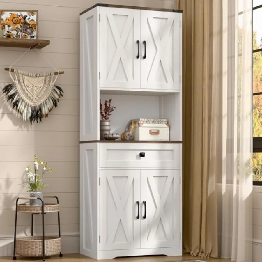Tall Kitchen Pantry Storage Cabinet Farmhouse Storage with Organizer Large Capacity Bathroom Cabinet with Drawer Freestanding C