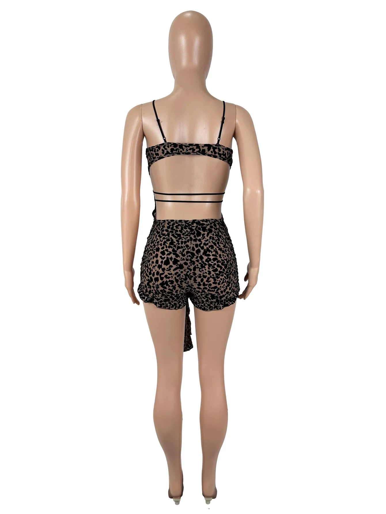 BKLD Women Clothing Sexy Leopard Printed Mesh Hollow Out Lace-Up Sleeveless Open Back Ruffles Patchwork Tight Rompers One Pieces