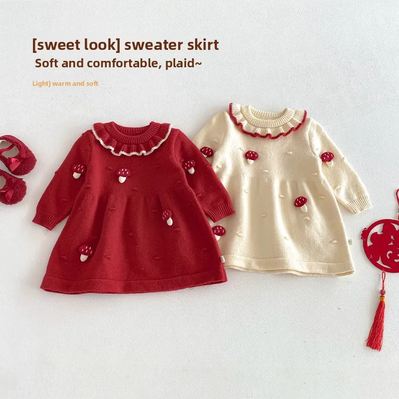 ملابس الفتيات الغربية للعام الجديد 2025 فستان محبوك فطر ثلاثي الأبعاد للشتاء الجديد سترة بعمر سنة واحدة #1