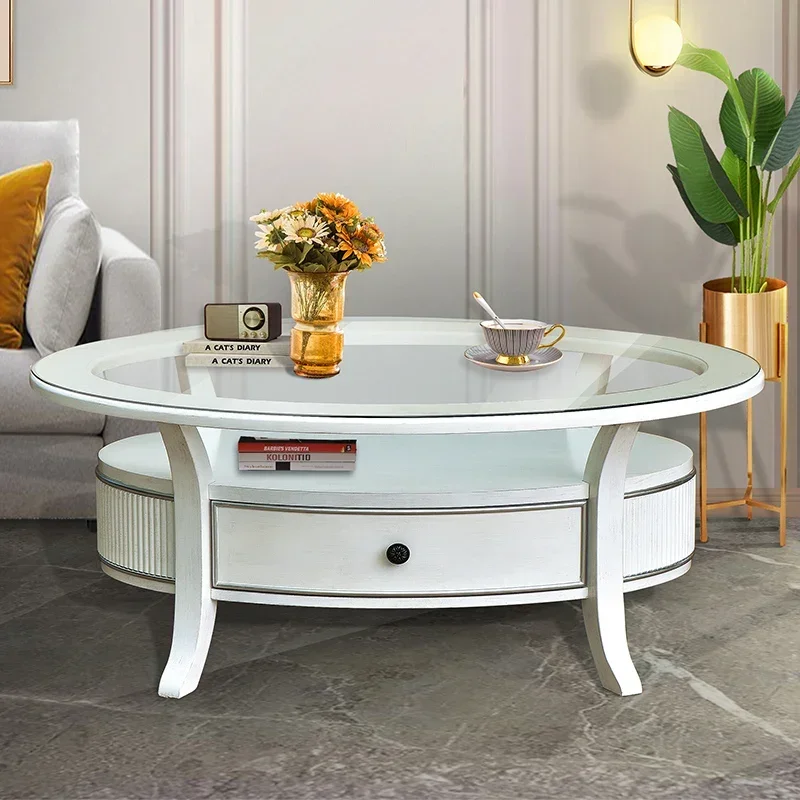

American light luxury solid wood coffee table modern simple household two-layer coffee table, tempered glass desktop
