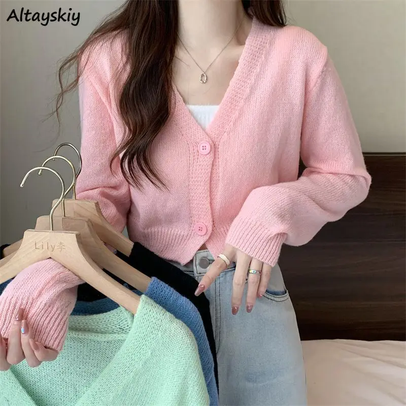 

Crop Cardigan Women Slim Autumn Girlish All-match Ulzzang Tender V-neck Casual Outwear Aesthetic Classic Students Chic Clothing