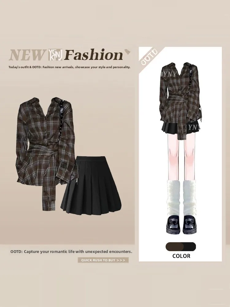

Retro Chic Plaid irt And Skirt Set Women's Faion Spring Outfit High Waist Pleated Long Sve Turn-down Collar irt