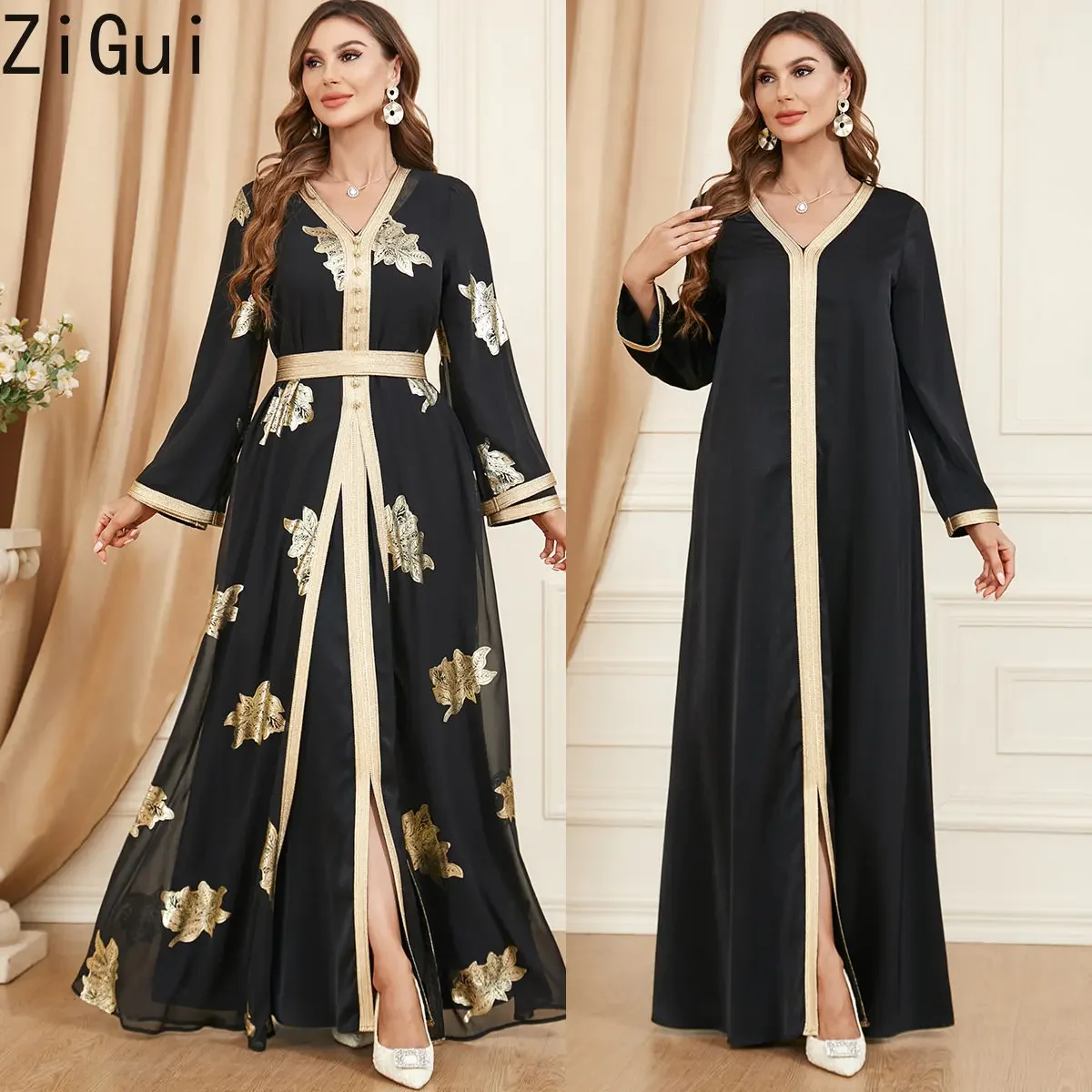 Night Dress Long Sleeve V Neck 2Pcs Suit Robe Belt Black Chiffon Gold Bronzing Luxury Dubai Evening Dress