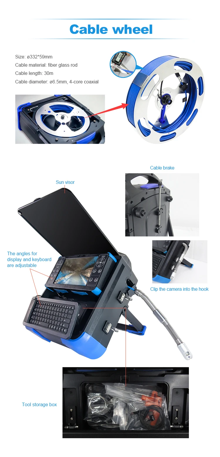 Fabricación OEM 30m 50m 80m 100m 10,1 pulgadas tubería de pozo profundo subacuática 360 pantalla de inspección cámara de plomería