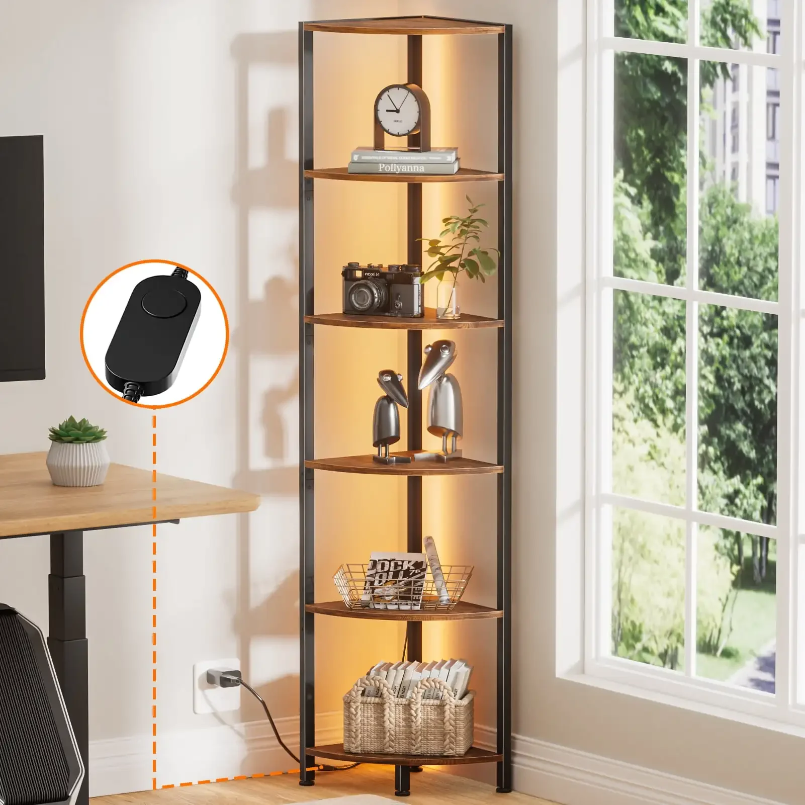 

Corner Shelf Bookcase with LED Light Strip, 6-Tier Corner Bookshelf for Living Room,Bedroom,Kitchen,Rustic Brown