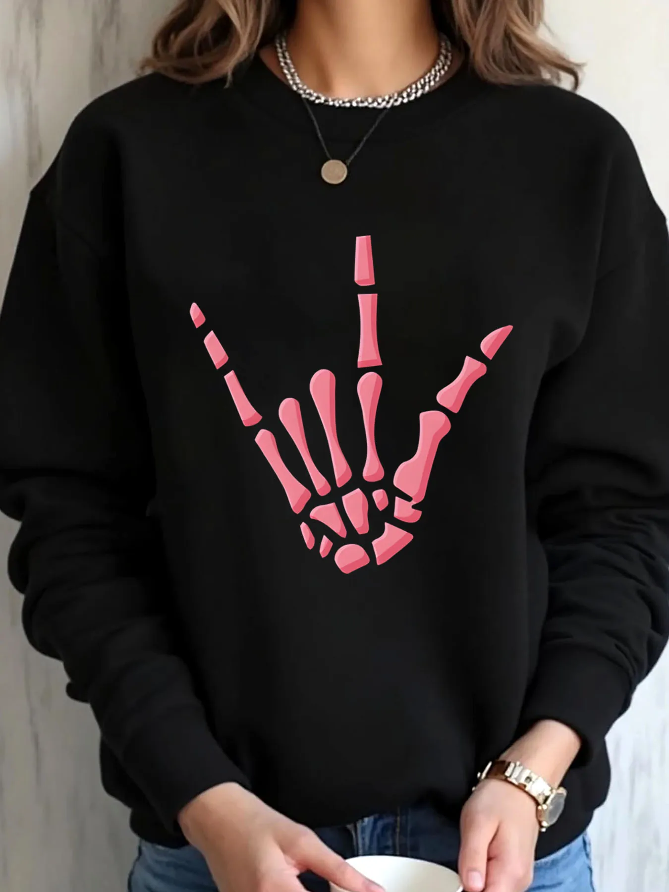 Felpa oversize da donna Halloween Scheletro rosa Stampa a mano Abbigliamento da esterno