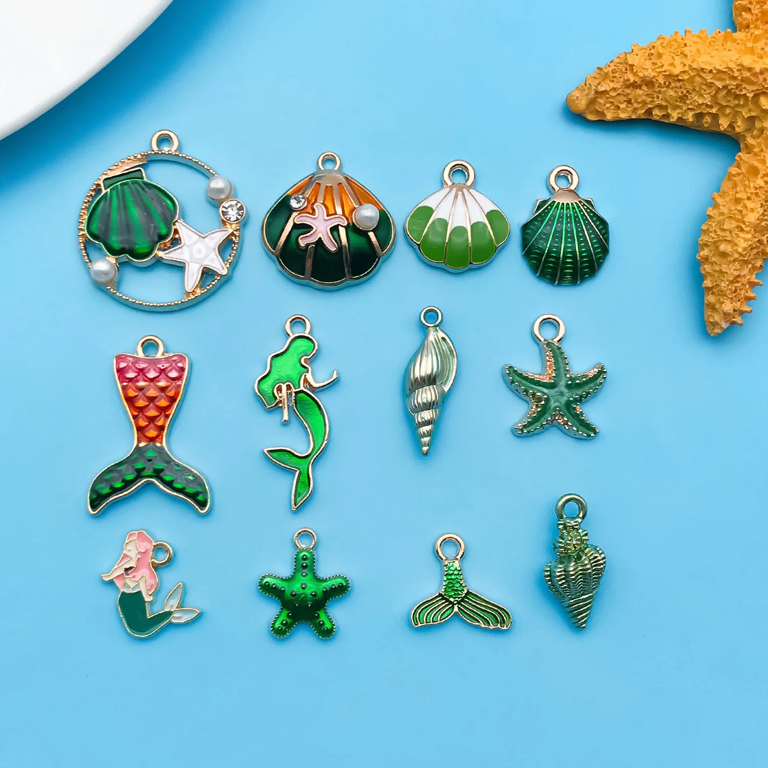 Mix 12pcs/lot Enamel Marine Life Shell Starfish Dolphin Charm Pendant For Jewelry Making DIY Earring Findings Accessories